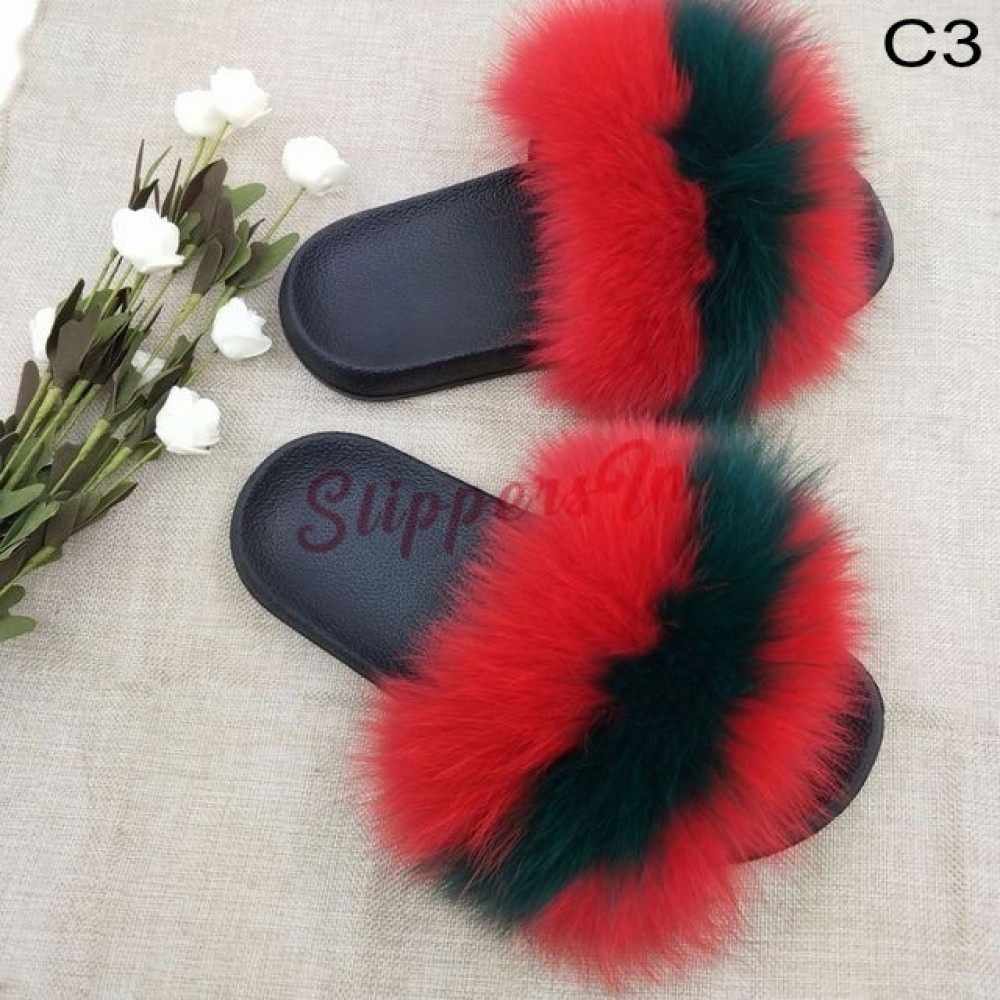Red Green fur slides summer winter fashion
